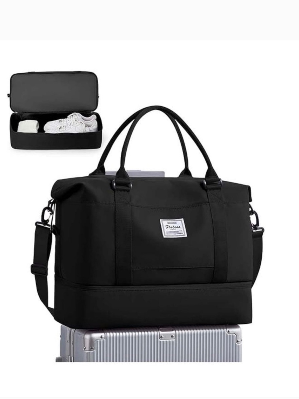 Floless Workshop | Unisex Black Travel Duffel Tote Bag Crossbody/Shoulder Straps
